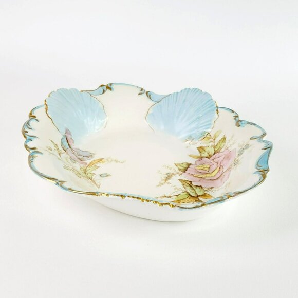 Antique Shabby Chic Porcelain Blue Shell Pink Floral Bowl c1900-16 La Francaise - Picture 2 of 12